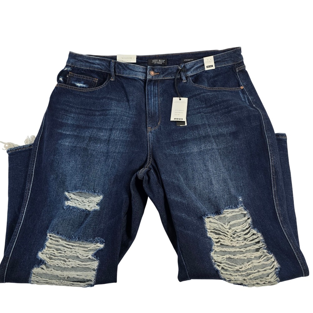 Judy Blue 24W Straight Fit Distressed Jeans Rigid Front Stretch Back Dark Wash